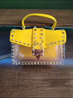 Yellow Studded Clear Top-Handle Crossbody Bag